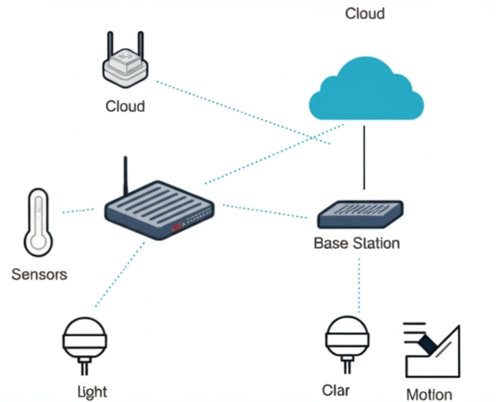 Technical diagram illustrating FMS network architecture: temperature sensors connected via Wi-Fi to in-store base station and cloud infrastructure for real-time monitoring